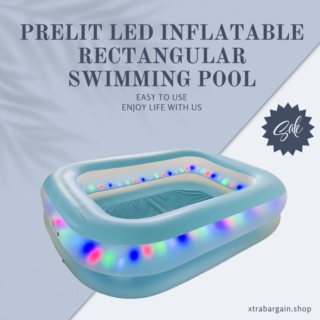 Prelit LED Inflatable Rectangular Swimming Pool 79″ x 59″ x 20″ – Durable Nighttime Glow w/ 3 Light Modes, Quick Setup, Family Fun Ages 6+