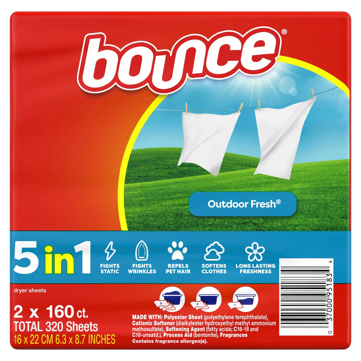Bounce Fabric Softener Dryer Sheets, Outdoor Fresh, 160-count, 2-pack